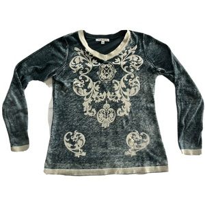 CAbi Gray Damask V Neck Cotton Cashmere Lightweight Sweater